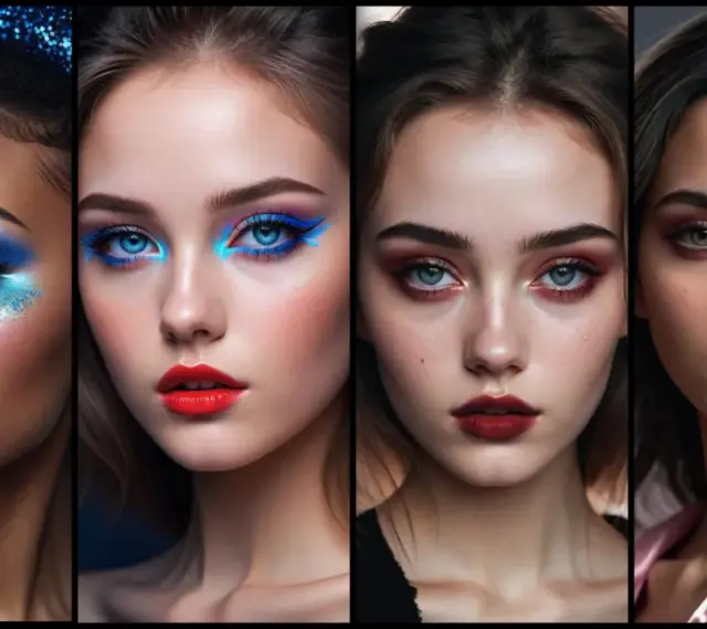 Quattro volti con trucco audace: blu elettrico, rosso acceso, bordeaux e rosa. Un omaggio al trucco anni 70.