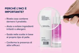 Lente d'ingrandimento su inci prodotti cosmetici, evidenziando la trasparenza degli ingredienti per una scelta consapevole.