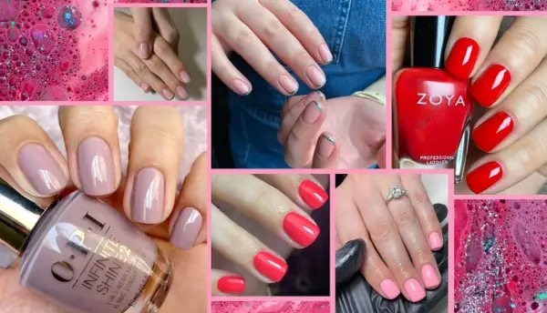 Manicure con unghie squoval in tonalità nude, rosa e rosso vivace. Smalti OPI e Zoya.