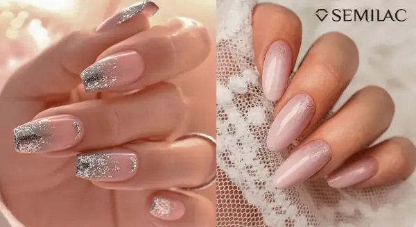 Unghie eleganti con sfumature rosa cipria e dettagli glitter oro e argento, perfette per una sposa.