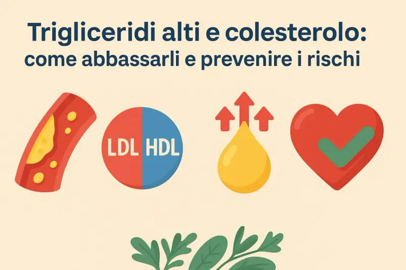 Illustrazione che spiega la differenza tra colesterolo e trigliceridi, con icone di arteria ostruita, LDL/HDL, goccia d'olio e cuore sano.
