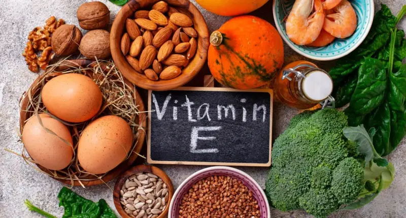 Uova, mandorle, noci, gamberetti, broccoli, spinaci e semi di girasole: alimenti ricchi di **vitamina E**.